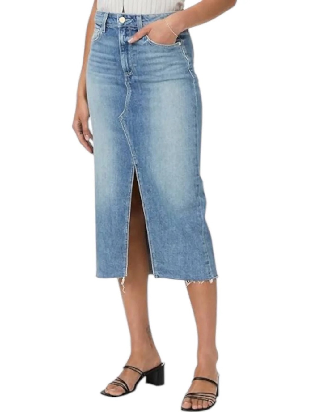 Paige Faded Denim Meadow Midi Skirt Tipton Wash Frayed Raw Hem Size 8/29
